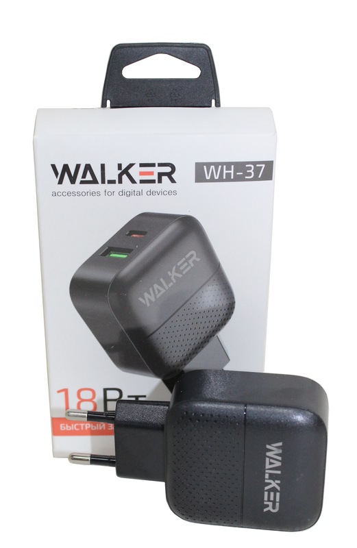 (WALKER) Телефонное СЕТЕВОЕ ЗУ WH-37 1 USB1 Type CX, быстрый заряд QC3.0-PD,18 Вт3A, блочок, чёрны