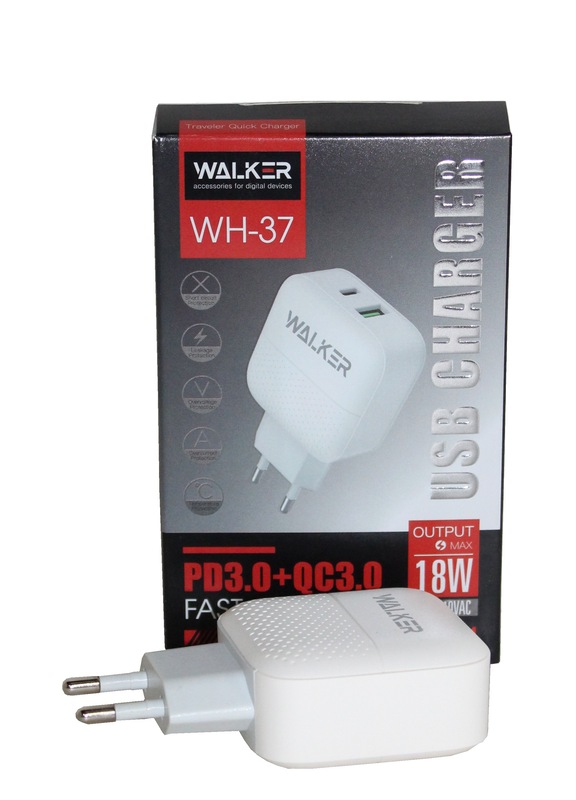 (WALKER) Телефонное СЕТЕВОЕ зарядное устройство WH-37 1 USB1 Type CX, быстрый заряд, БЕЛЫЙ