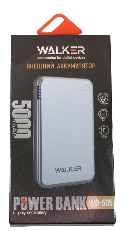 ЗУ Power Bank на 5000 mAh, Li-Pol, 2.1A вхвых, USB, microUSB, Type-C, дисплей, корпус металлический, цвет ЧЁРНЫЙ (WALKER)