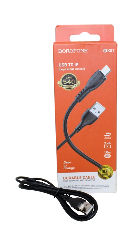 (Borofone) Телефонный КАБЕЛЬ для IPhone - USB, 1 м, 2,4 A, материал ПВХ, цвет ЧЕРНЫЙ  BX51