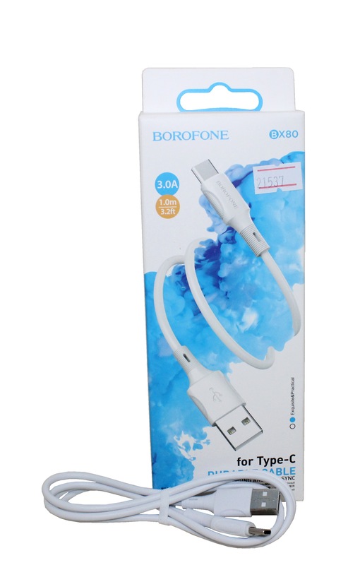 (Borofone) Телефонный КАБЕЛЬ для TYPE-C - USB, 1м, 3 A, материал ПВХ, цвет БЕЛЫЙ  BX80