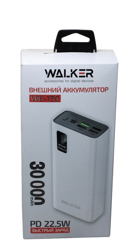 (WALKER) ЗУ Power Bank на 30 000 mAh, 3А вхвых, USBx4, microUSB, Type-C, QC3.0+PD, цвет БЕЛЫЙ