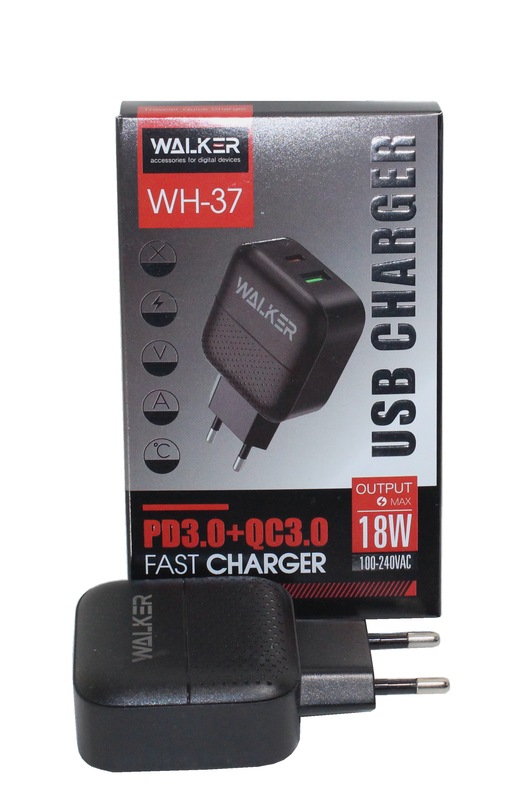 (WALKER) Телефонное СЕТЕВОЕ зарядное устройство WH-37 1 USB1 Type CX, быстрый заряд, ЧЁРНЫЙ