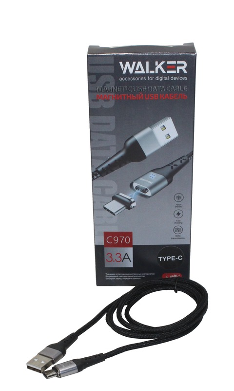 (WALKER)Телефонный КАБЕЛЬ TYPE-C МАГНИТНЫЙ С970, с подсветкой, передача данных, в мат.обмотке,ЧЁРНЫЙ
