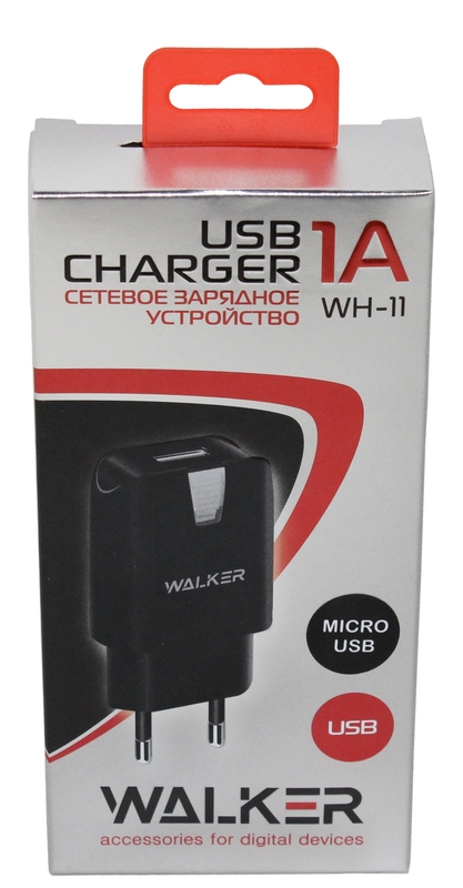 (WALKER) Телефонное СЕТЕВОЕ зарядное устройство 2в1  WH-11 USB(1 A) + КАБЕЛЬ micro USB, цвет ЧЁРНЫЙ