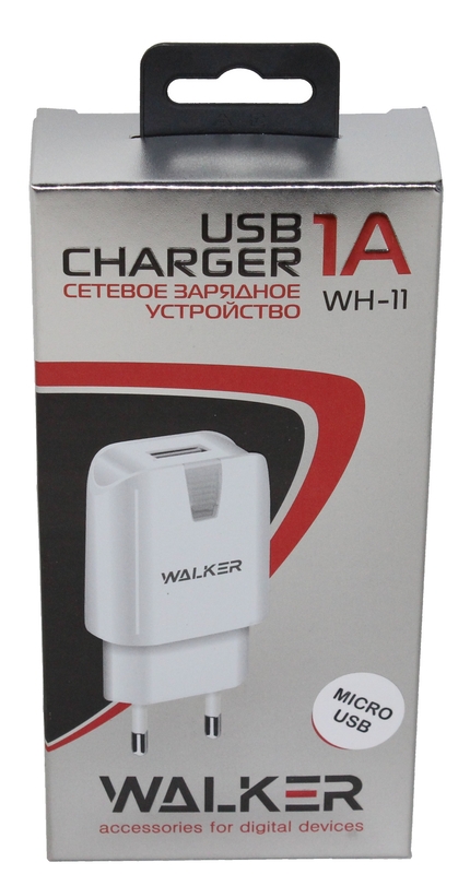 (WALKER) Телефонное СЕТЕВОЕ зарядное устройство 2в1  WH-11 USB(1 A) + КАБЕЛЬ micro USB, цвет БЕЛЫЙ