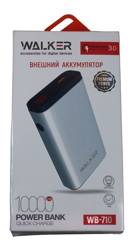 ЗУ Power Bank на 10000 mAh, Li-Pol, QC3.0, 18 Вт, 2 USB, Type-C, дисплей, корпус металлический, цвет ЧЁРНЫЙ (WALKER)
