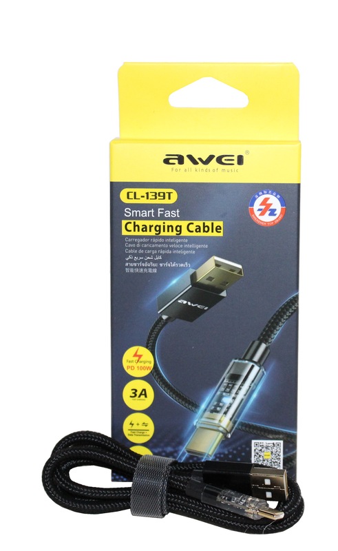 (AWEI) Телефонный КАБЕЛЬ для TYPE-C, 3.0 A, длина 1 м, цвет ЧЕРНЫЙ