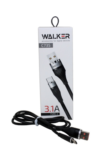 (WALKER) Телефонный КАБЕЛЬ TYPE-C - USB, 1м, 3,1 A прорезиненный,с металл.разъемом, цвет ЧЕРНЫЙ C735