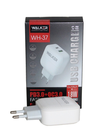 (WALKER) Телефонное СЕТЕВОЕ зарядное устройство WH-37 1 USB1 Type CX, быстрый заряд, БЕЛЫЙ