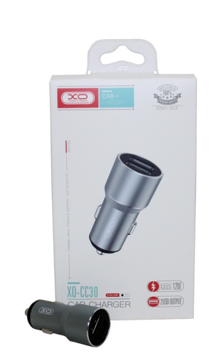 (XO) Телефонное АЗУ 2 USB 2.4A, 12-24 Вт, металл, цвет СЕРЫЙ  XO-CC30