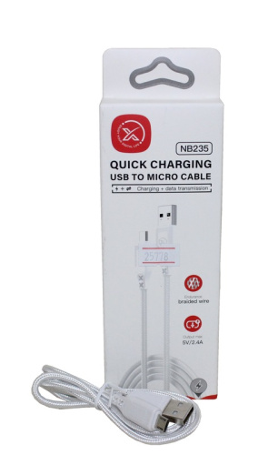 (XO) Телефонный КАБЕЛЬ для Micro USB- USB, 1 м, 2,4 A, плетеный,  цвет БЕЛЫЙ  NB235